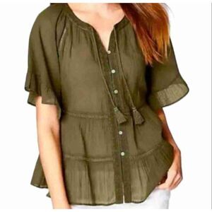 J.Jill  Peasant Tier Boho Tassel Blouse  Olive Green 100% Cotton  Size Small